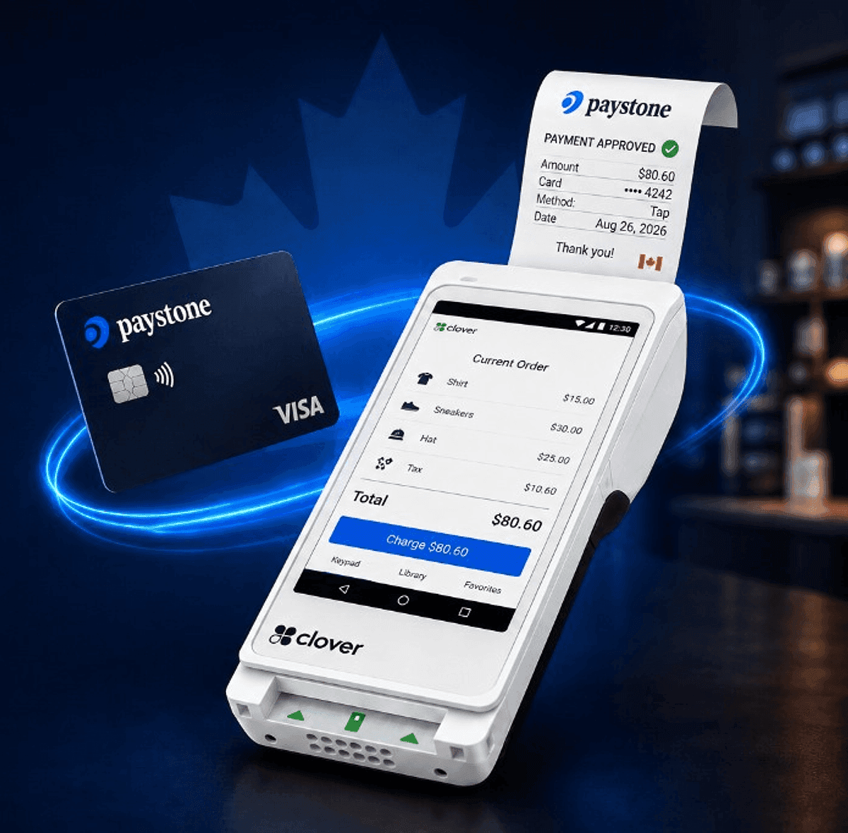 Clover Flex terminal printing an approved $80.60 tap payment receipt, beside a Paystone Visa card