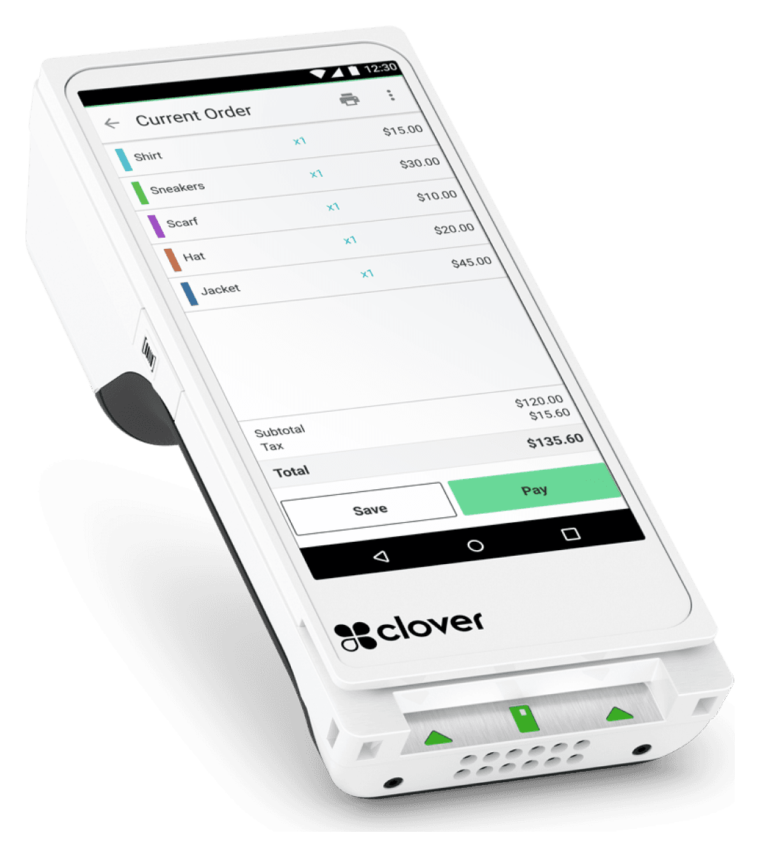 Clover Flex 4 handheld payment terminal displaying a current order screen