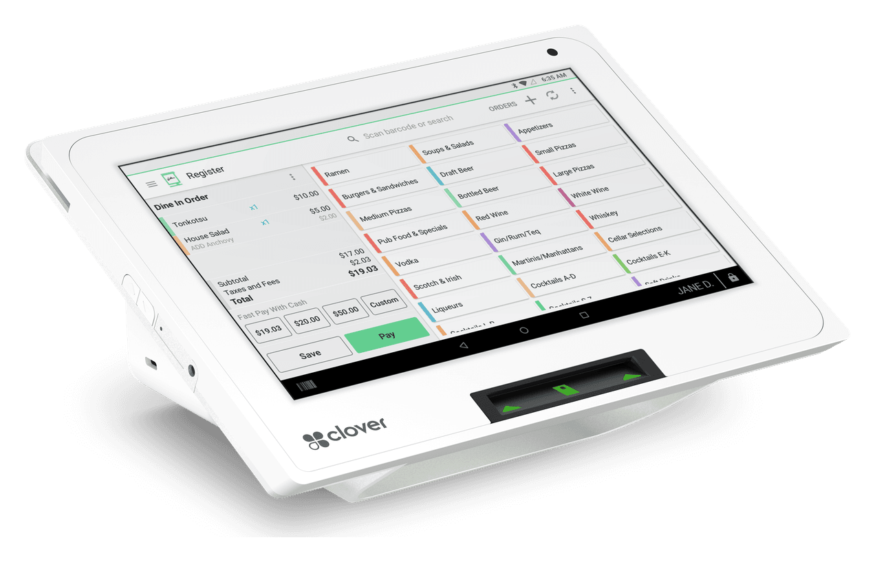 Clover Mini 3 countertop payment terminal on a stand with a large touchscreen