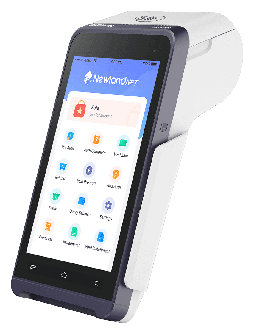 Newland N950 payment terminal with a touchscreen and receipt printer